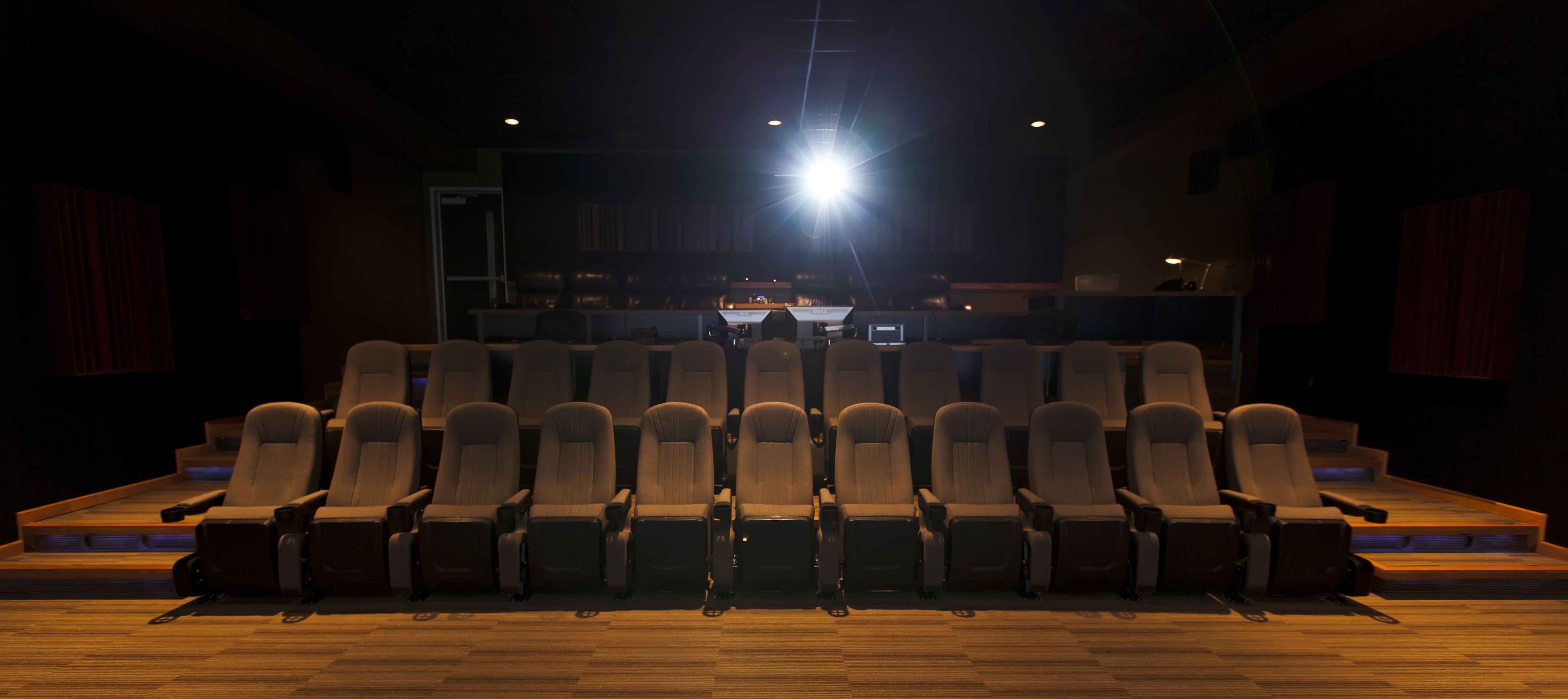 Wide view of Theater 1 from the front row at Light Iron